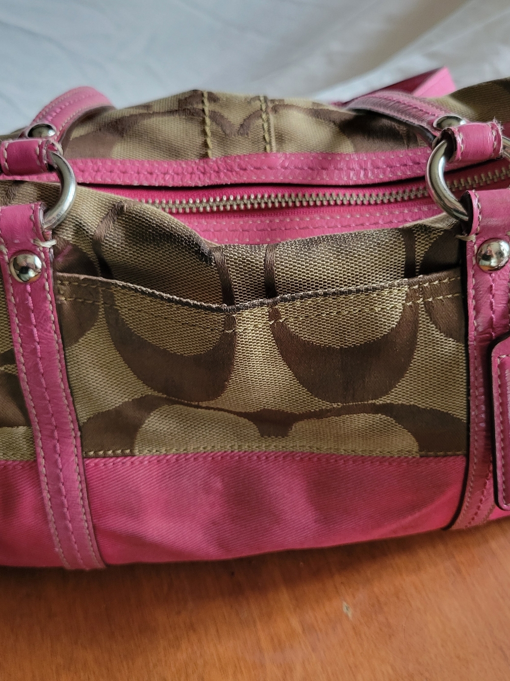 Coach Brown Logo Satchel with Pink Leather Trim